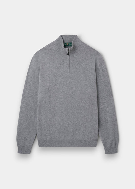 Alan Paine light grey cashmere quarter zip mock neck jumper with ribbed hem and cuffs in a regular fit