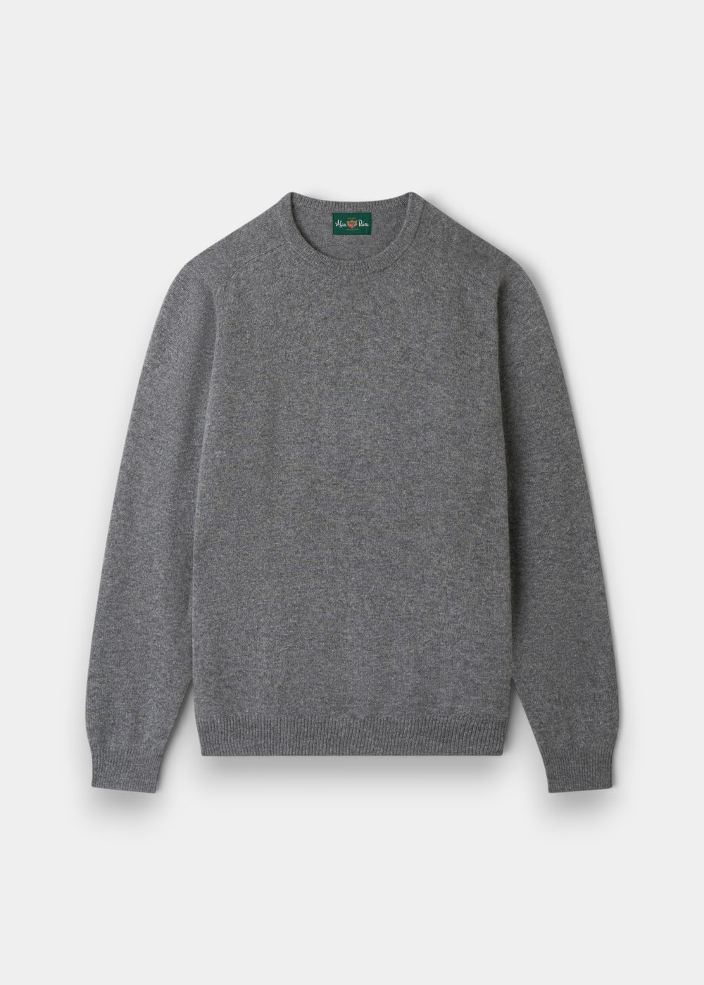 Dorset Lambswool Crew Neck Jumper in Grey Mix, classic fit, with saddle shoulder, laid flat on a white background.