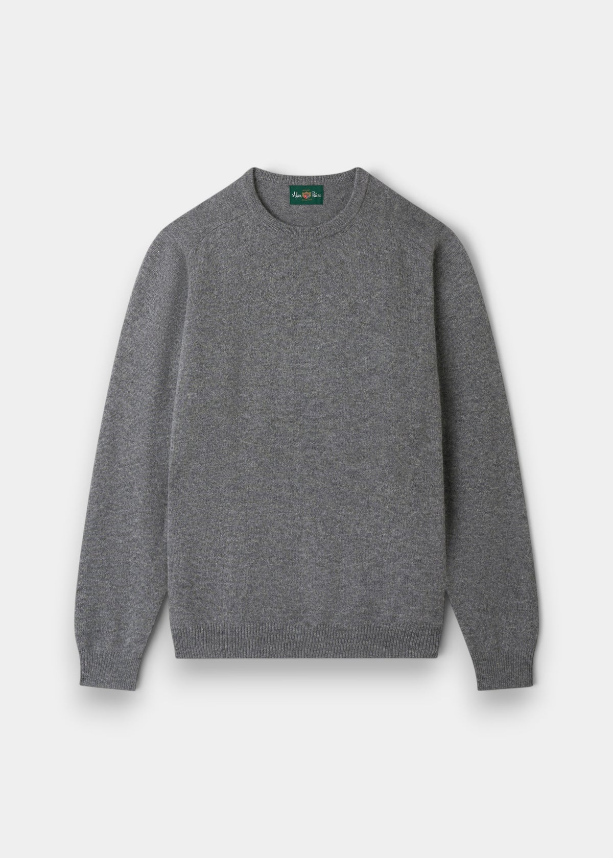 Dorset Lambswool Crew Neck Jumper in Grey Mix, classic fit, with saddle shoulder, laid flat on a white background.