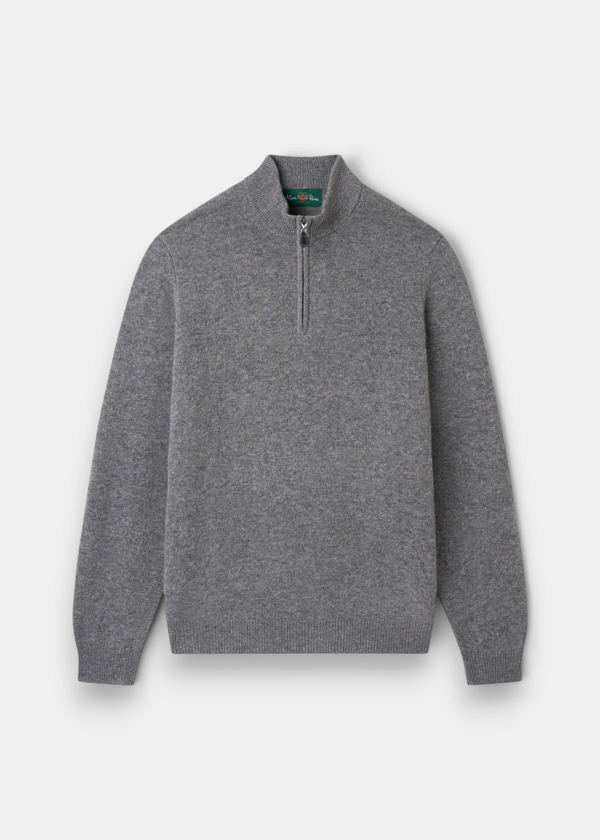 Alan Paine grey lambswool quarter zip jumper with a mock neck, ribbed cuffs, and a leather zip pull.