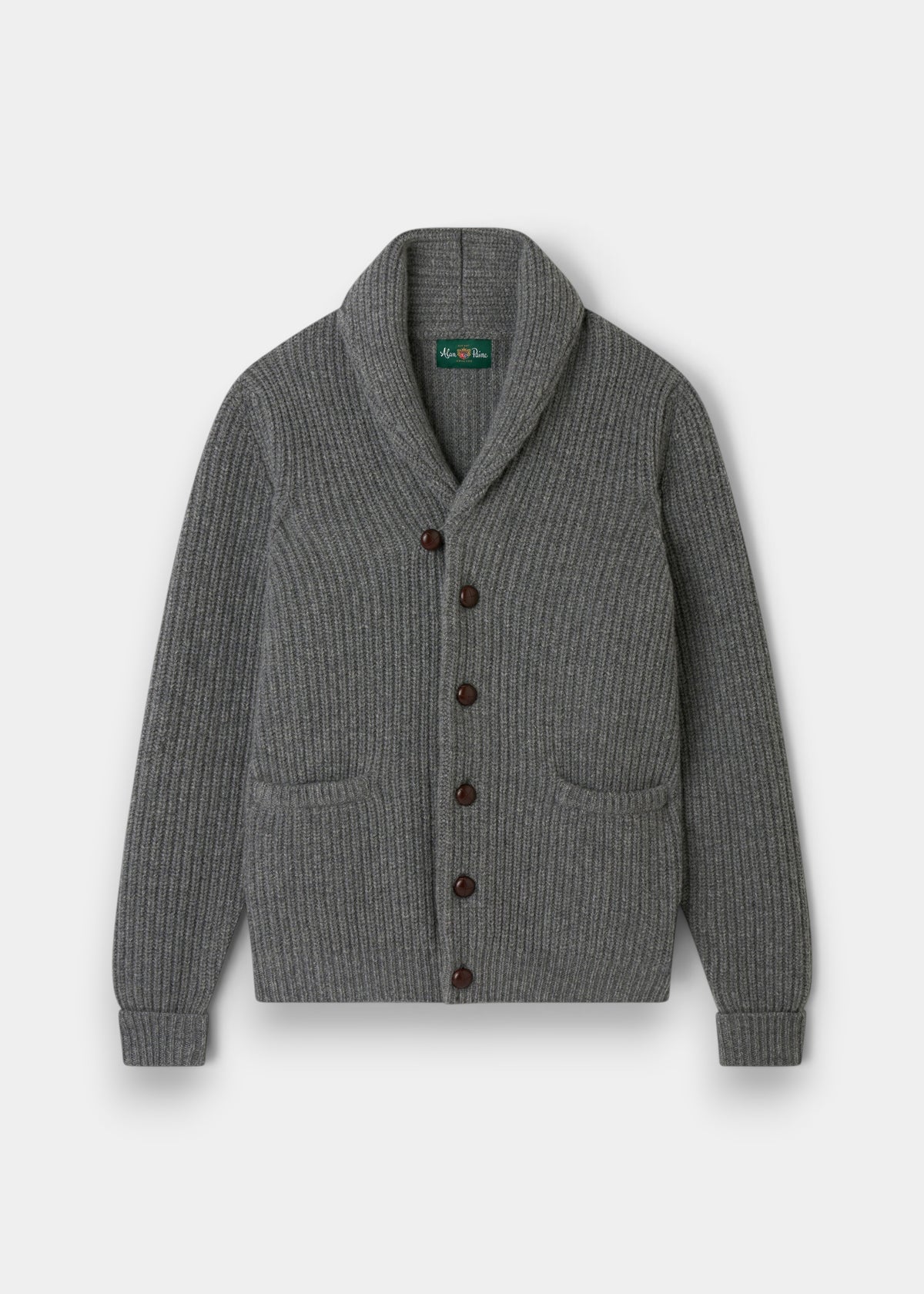 Alan Paine Usworth grey lambswool shawl collar cardigan with button front and ribbed knit texture