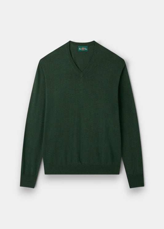 Alan Paine Millbreck hunter green v-neck jumper in fine Italian merino wool with ribbed hem and cuffs.