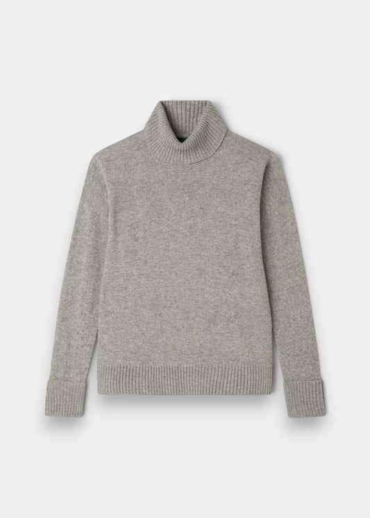 Alan Paine Alexa ladies roll neck sweater in husky grey wool and cashmere blend with ribbed cuffs and dropped shoulders