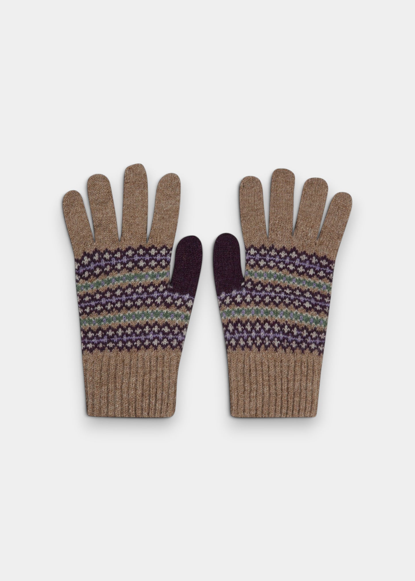 Alan Paine Imogen ladies pecan knitted wool gloves with a purple and green fair isle pattern on a light background.