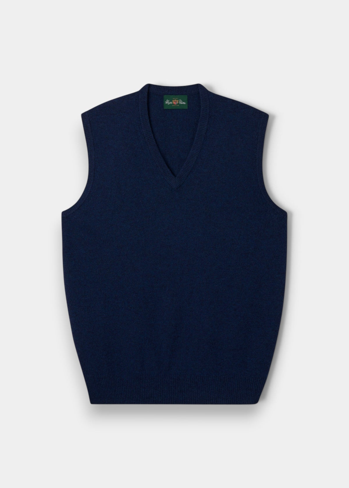 Alan Paine Norfolk indigo lambswool V-neck slipover with a classic fit, ribbed hem, and traditional saddle shoulder.