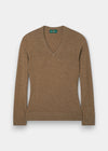 Isla Wool & Cashmere V-Neck Jumper in Pecan, regular fit, long sleeves, ribbed cuffs and hem on white background.