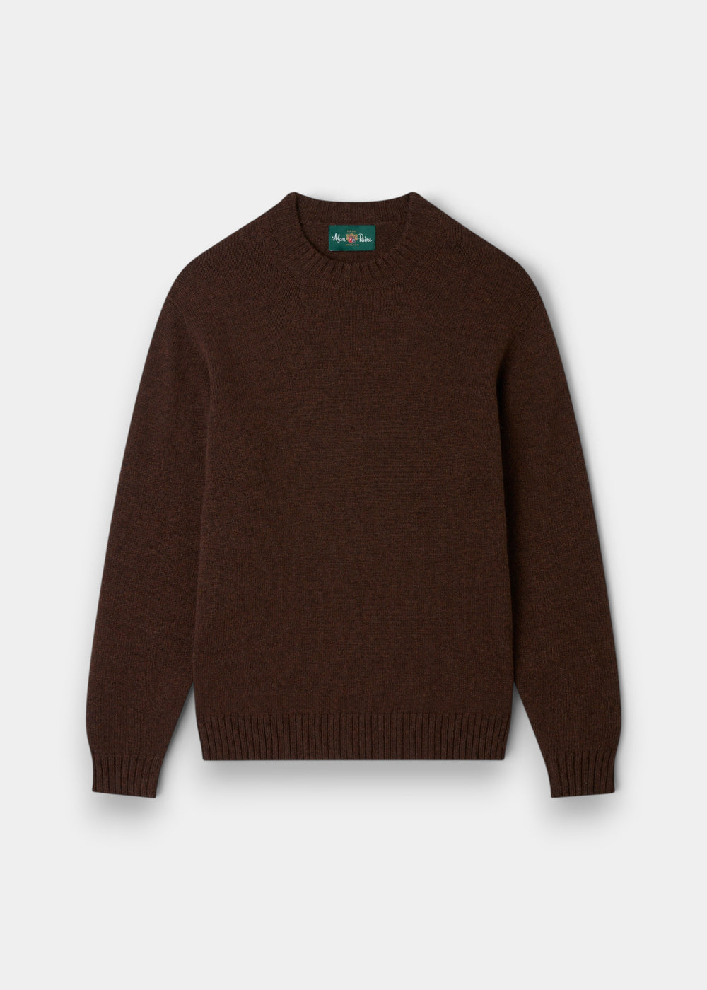 Kinnadie Supersoft Shetland Wool Crew Neck Jumper in Coffee, regular fit, laid flat on a white background.