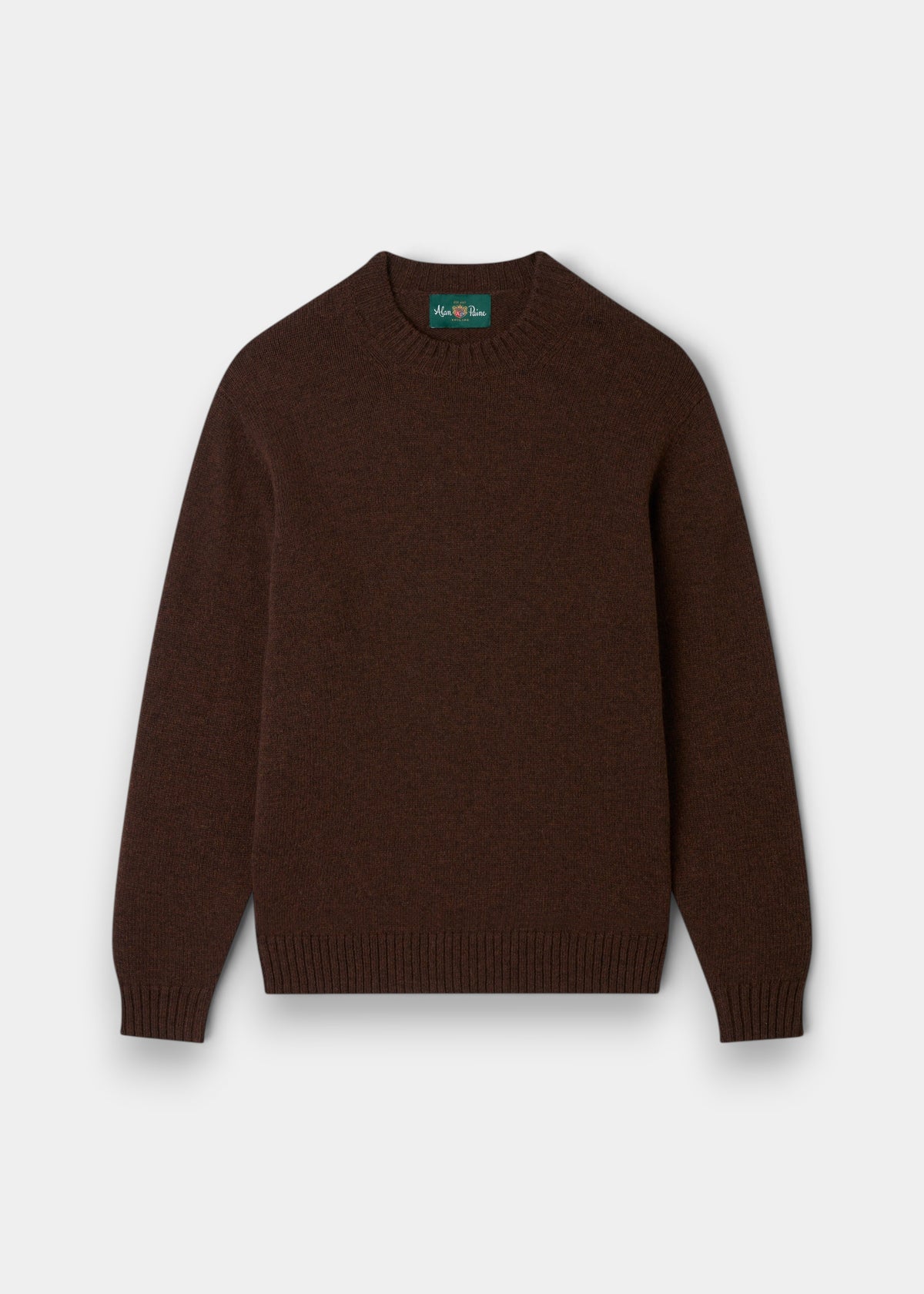 Kinnadie Supersoft Shetland Wool Crew Neck Jumper in Coffee, regular fit, laid flat on a white background.