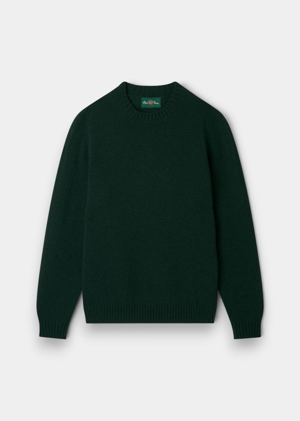 Kinnadie Supersoft Shetland Wool Crew in Cossack—dark green, ribbed cuffs/hem/collar; premium men’s knitwear.