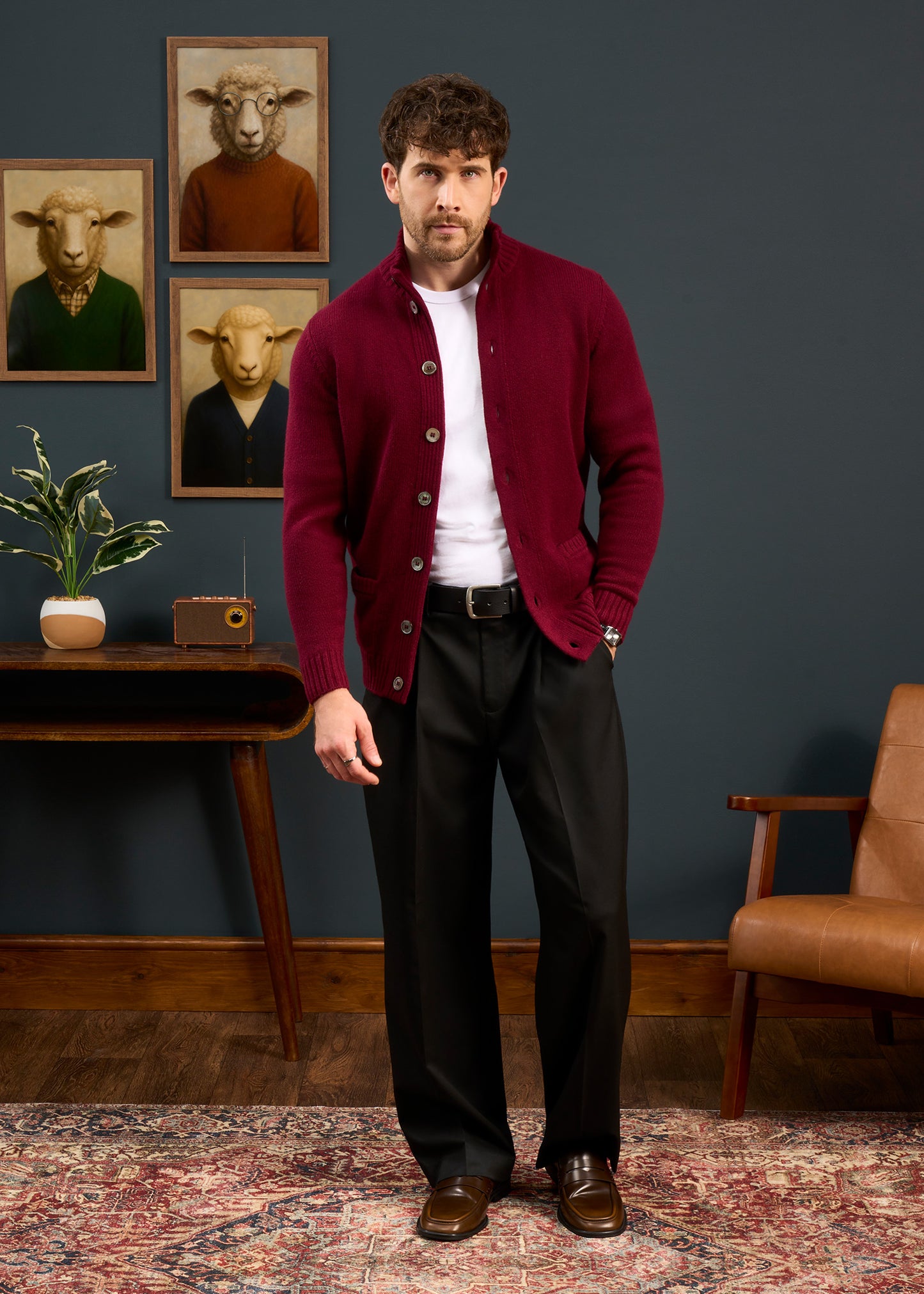 Maglione da uomo con bottoni in lana d'agnello Landford in Bordeaux - Vestibilità regolare