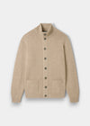 Landford Lambswool Buttoned Mock Neck Jumper in Linen, regular fit, with front buttons and two pockets, laid flat.