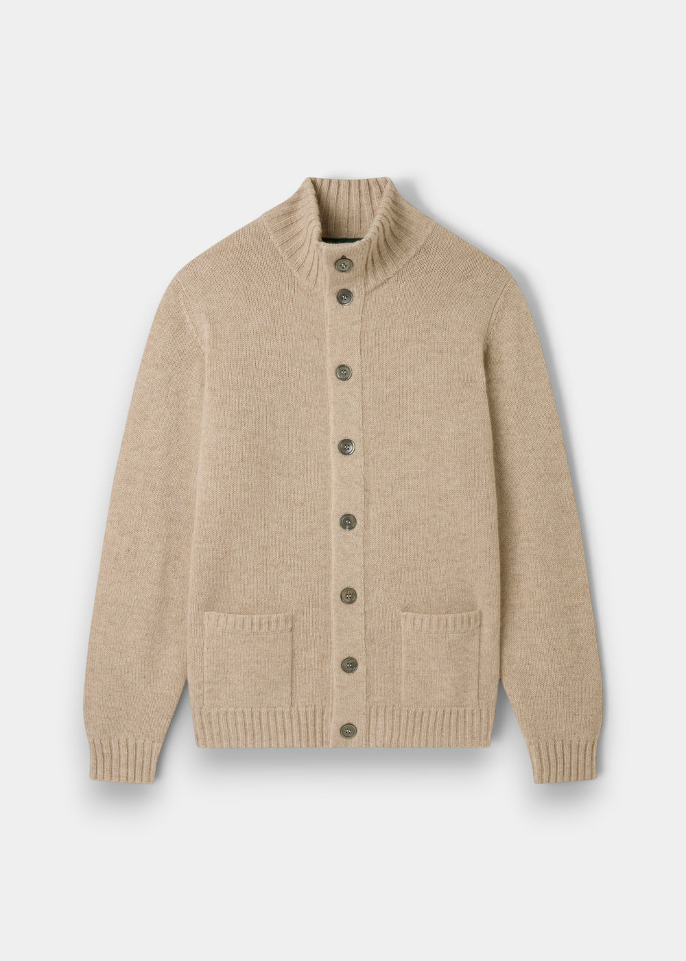 Landford Lambswool Buttoned Mock Neck Jumper in Linen, regular fit, with front buttons and two pockets, laid flat.