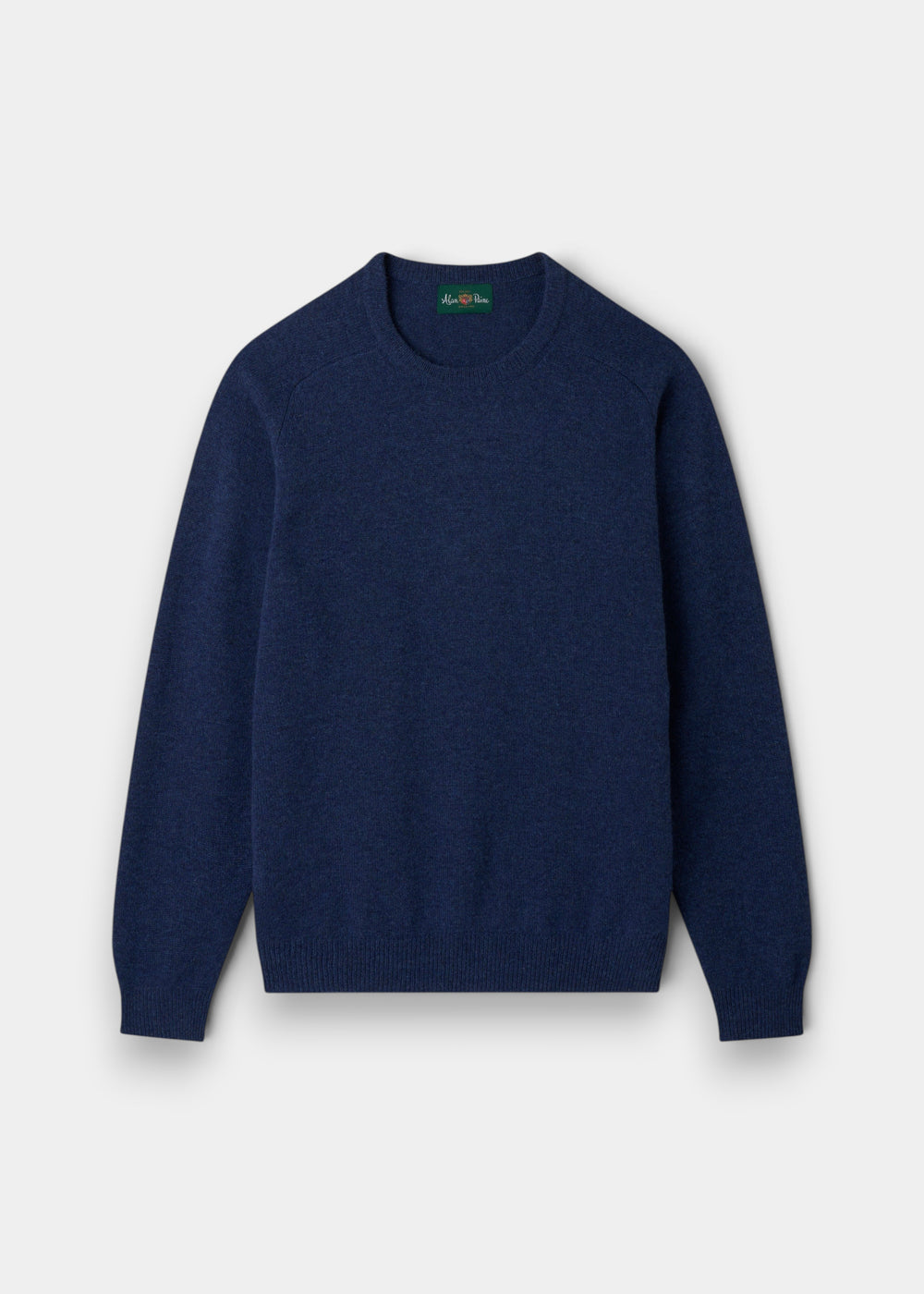 Lenzie Lambswool Crew Neck Jumper in Rhapsody, regular fit, navy blue, long sleeves, shown flat on light gray.