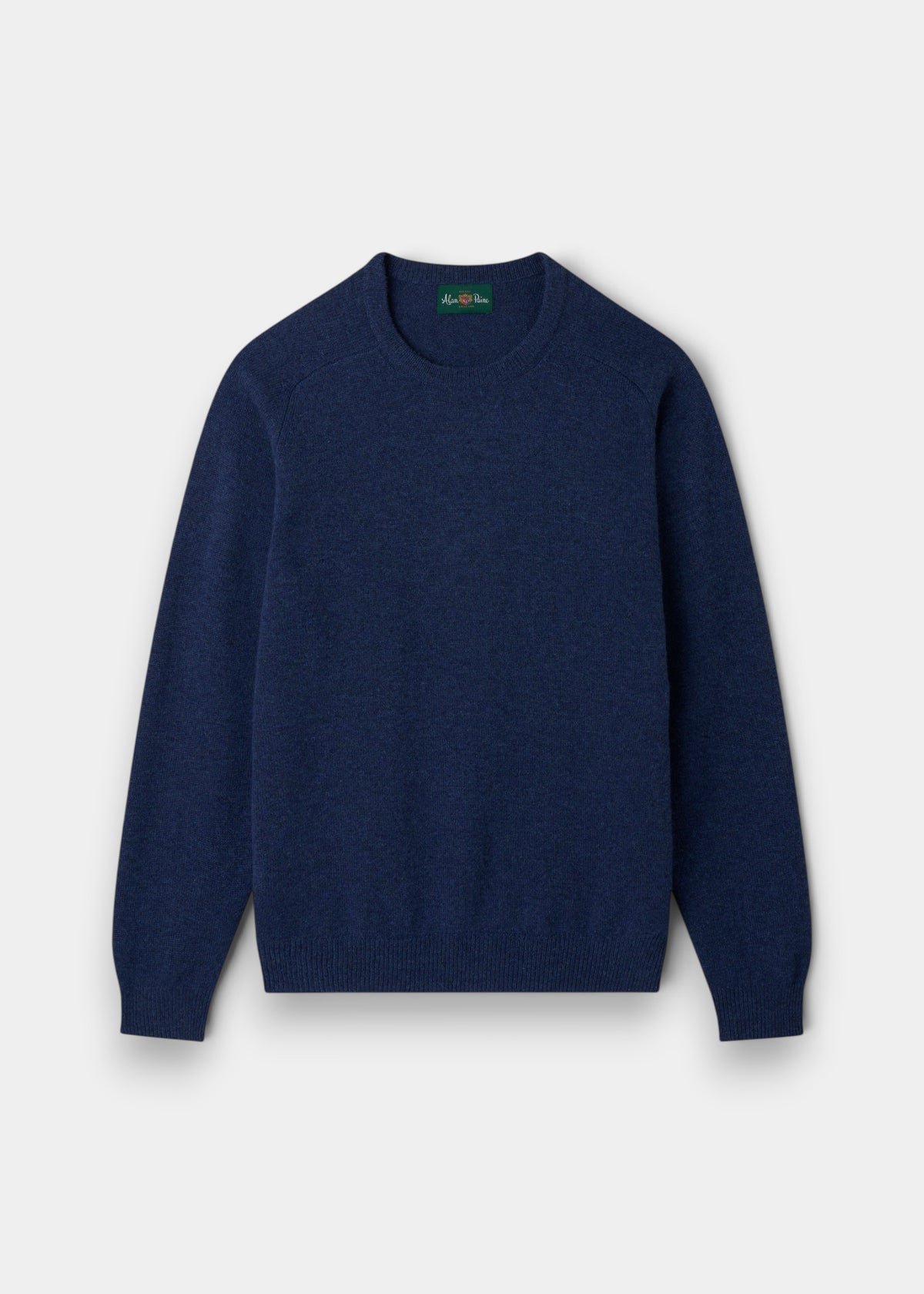 Lenzie Lambswool Crew Neck Jumper in Rhapsody, regular fit, navy blue, long sleeves, shown flat on light gray.
