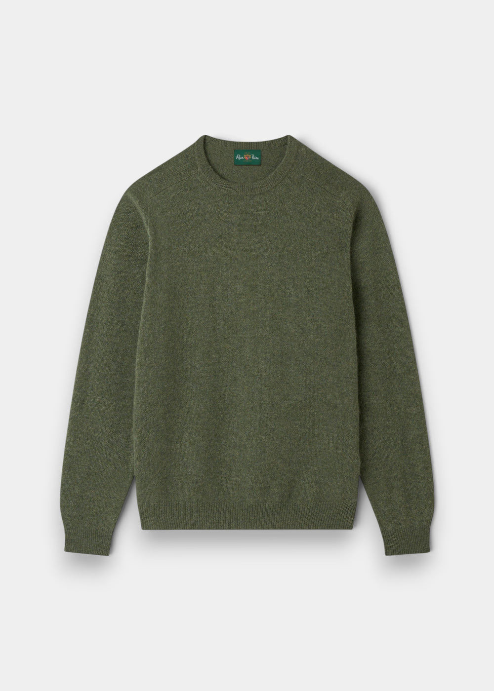 Alan Paine Lenzie men's crew neck jumper in landscape green lambswool with saddle shoulder and ribbed hem