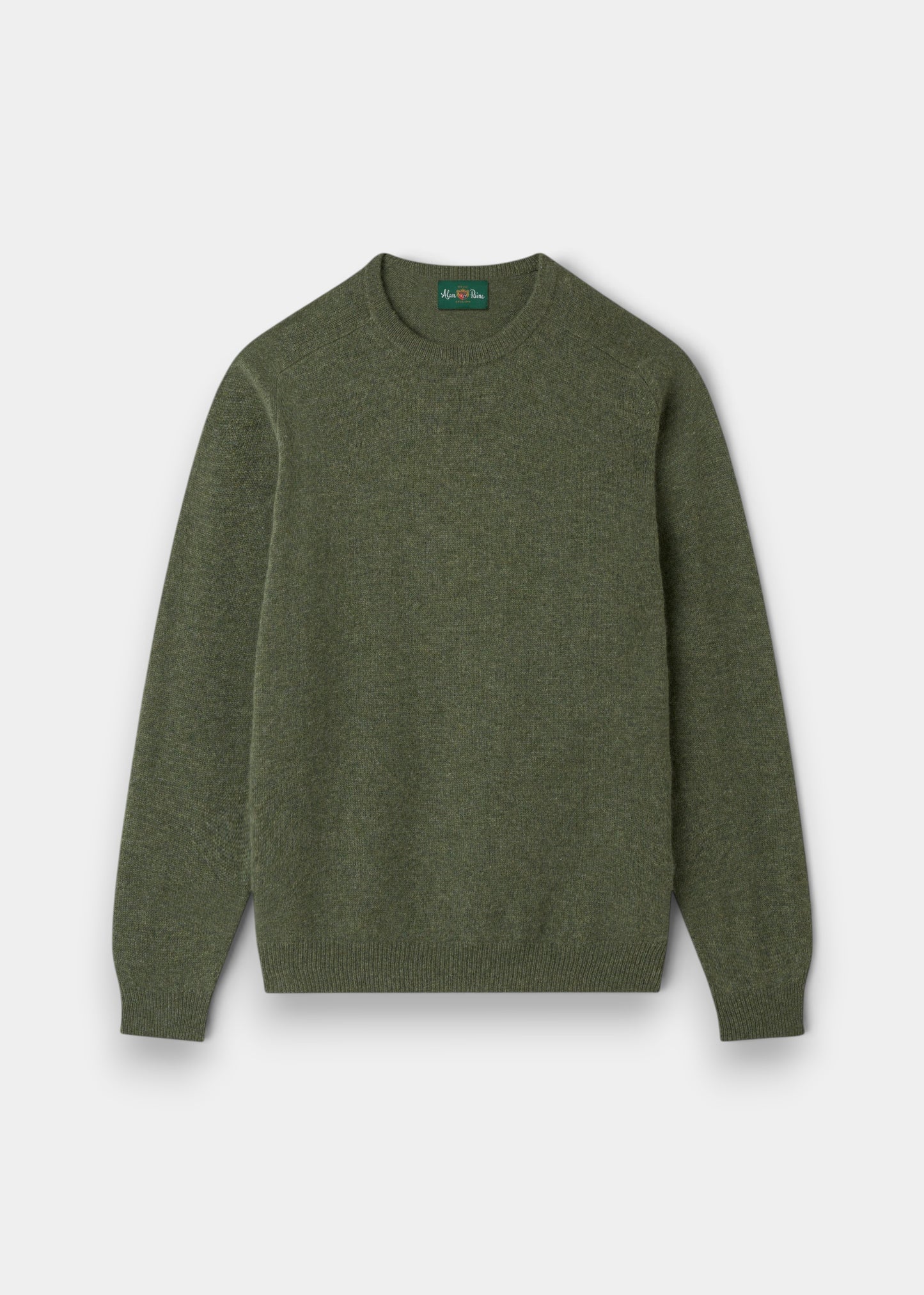 Alan Paine Lenzie men's crew neck jumper in landscape green lambswool with saddle shoulder and ribbed hem