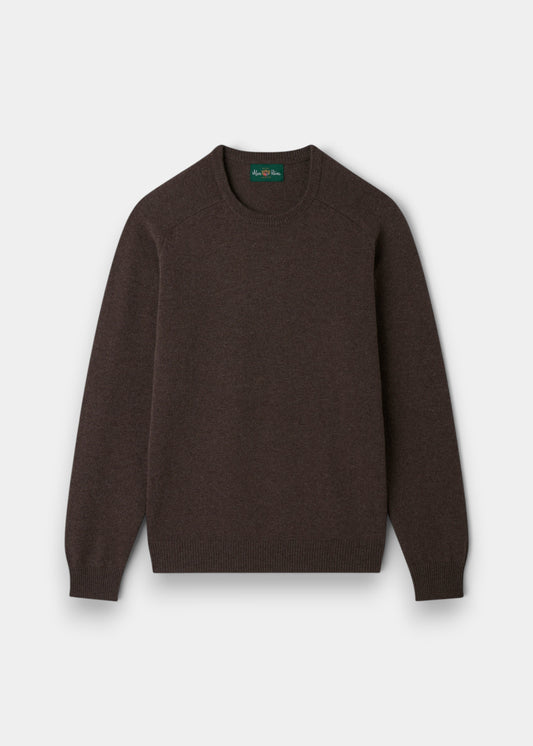 Alan Paine Lenzie men's crew neck jumper in mocha brown lambswool with saddle shoulder and ribbed hem and cuffs.