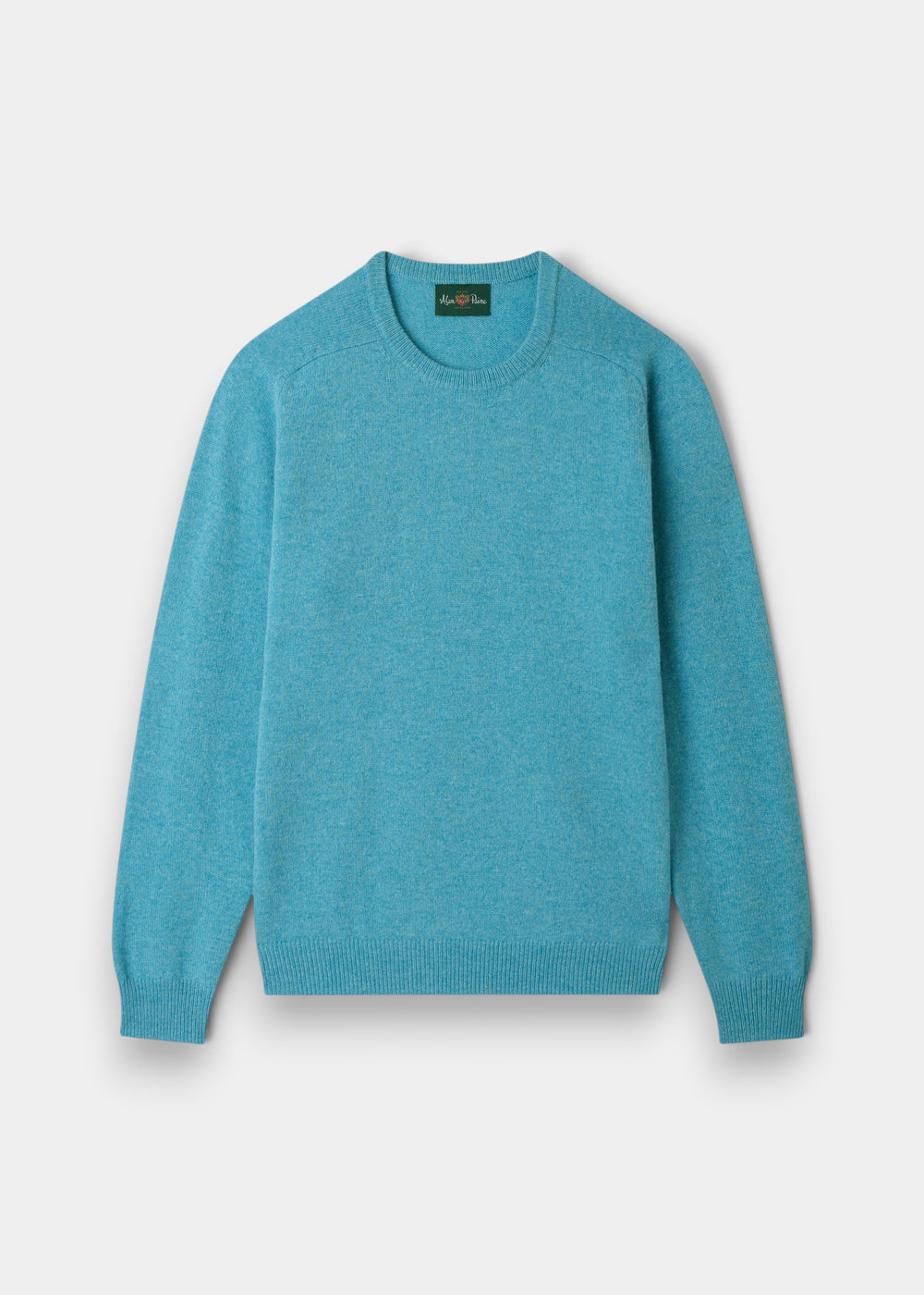 Lenzie Lambswool Crew Neck Jumper in Topaz, regular fit, laid flat on white with long sleeves and ribbed details.