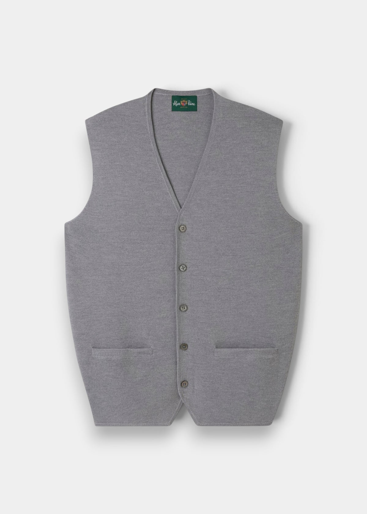 Alan Paine Thornley light grey merino wool tailored waistcoat with a V-neck and button-up front.