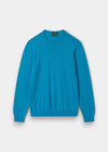 Alan Paine luxury crew neck jumper in Malibu blue, crafted from a soft blend of Pima cotton, silk, and cashmere.