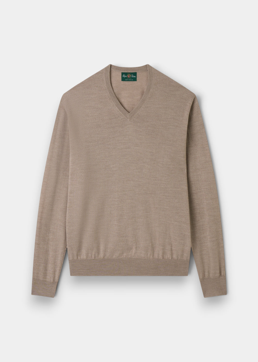 Alan Paine Millbreck cobble beige v-neck jumper in fine Italian merino wool with ribbed hem and cuffs