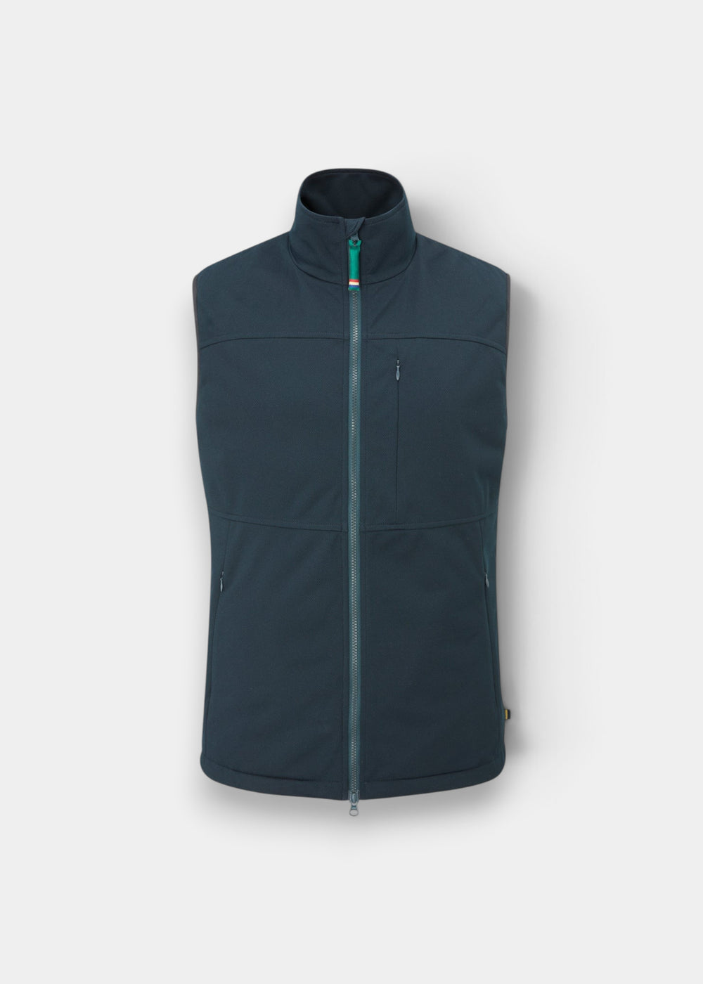 A sleeveless dark teal-gray zip-up vest with a stand-up collar, shown on a light gray background.