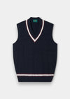Alan Paine dark navy cotton cable knit cricket slipover with blackcurrant and white V-neck and hem trim.