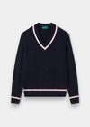 Alan Paine dark navy cotton cable knit cricket jumper with blackcurrant and white V-neck and hem trim