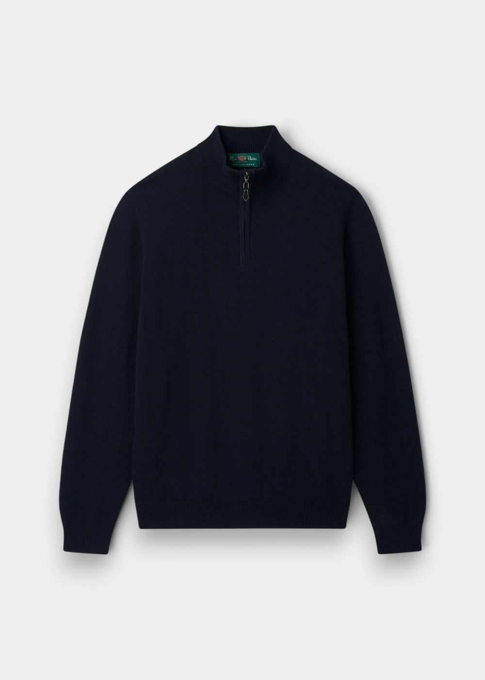 Alan Paine dark navy 100% cashmere jumper with a quarter zip mock neck and ribbed hem and cuffs.