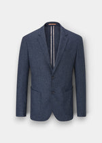 Alan Paine navy knitted wool-blend blazer with two-button front, chest pocket, and patch pockets.