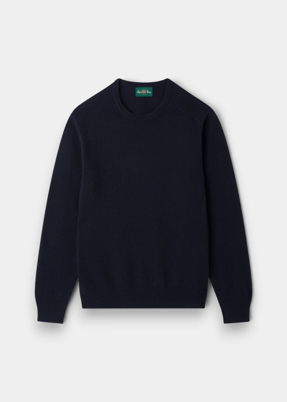 Alan Paine navy crew neck jumper in soft lambswool with ribbed hem and cuffs and semi-saddle shoulder shaping.