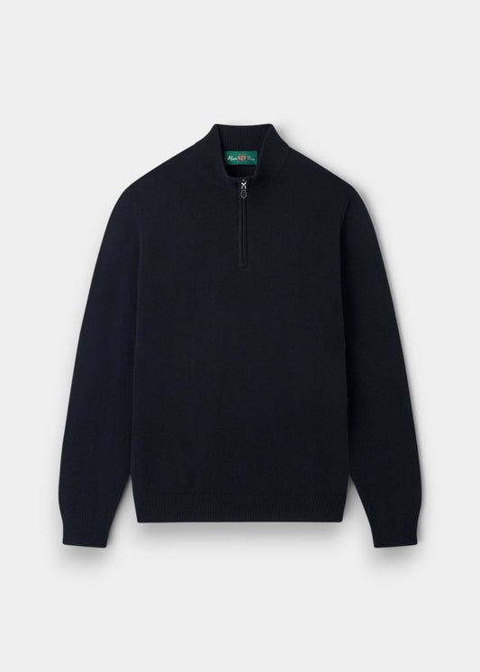 Alan Paine navy lambswool quarter zip jumper with a mock neck, ribbed hem, and leather zip pull detail.