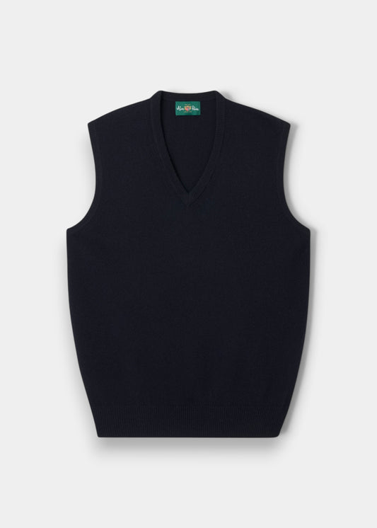 Alan Paine navy lambswool slipover with a classic fit, v-neck, and ribbed hem, perfect for layering.