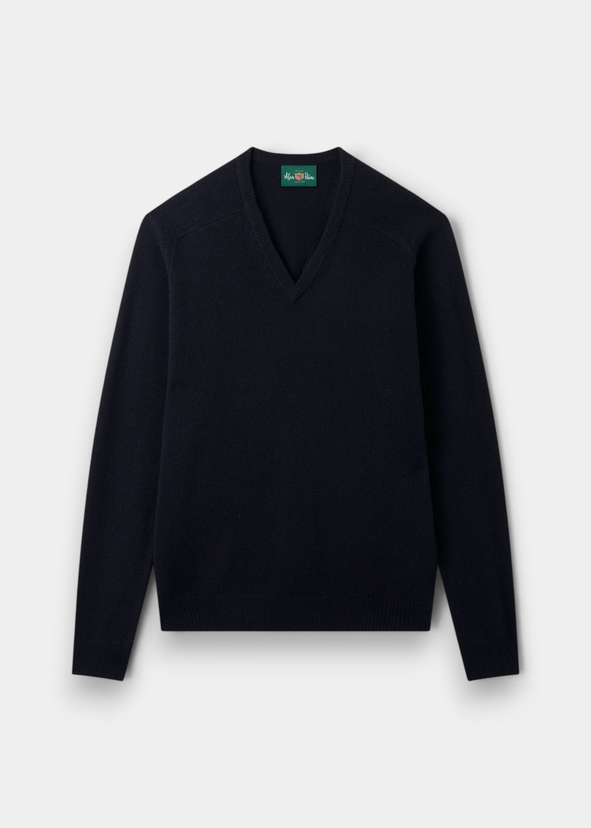 Alan Paine navy V-neck jumper made from 100% soft lambswool with a regular fit and ribbed hem and cuffs.