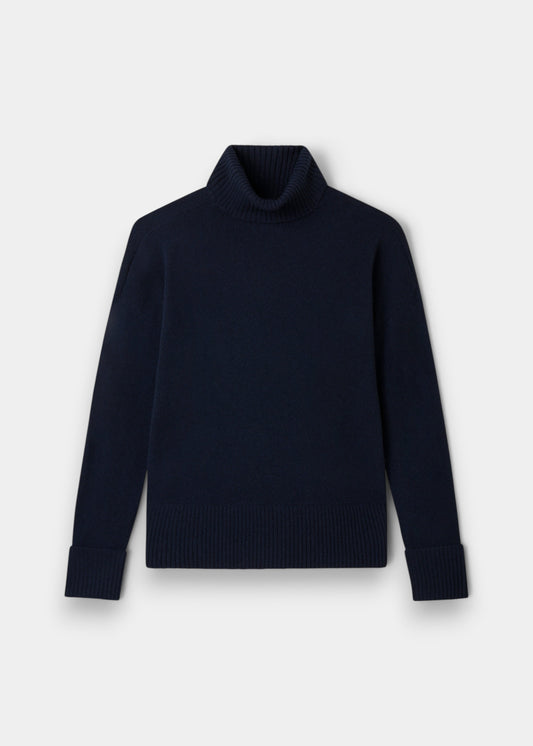 Alan Paine dark navy wool and cashmere roll neck sweater with dropped shoulders and ribbed turn-back cuffs.