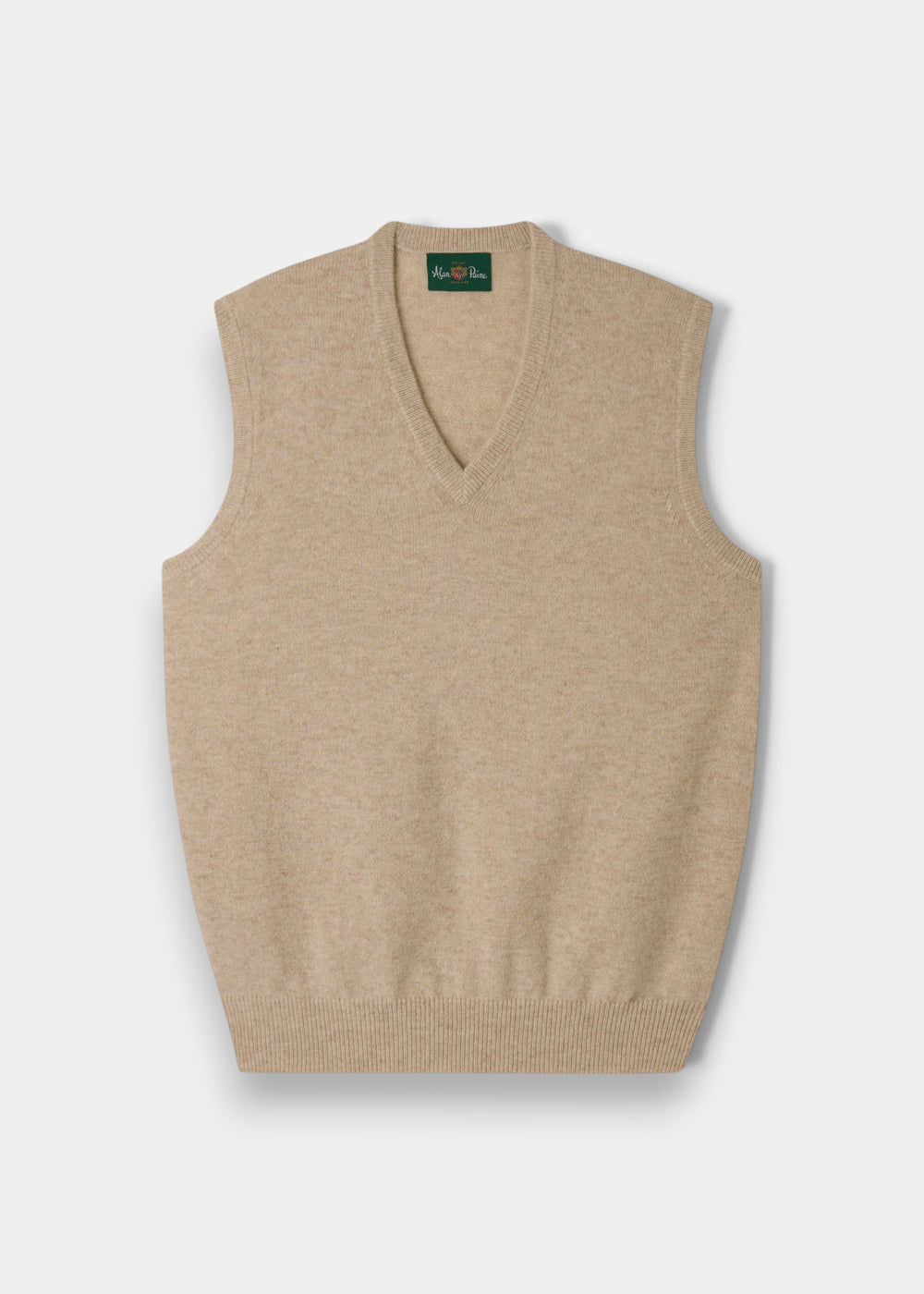 Alan Paine Norfolk men's linen-coloured lambswool V-neck slipover with a classic fit and ribbed hem.