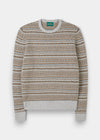 Alan Paine pearl grey lambswool jumper with a traditional Fair Isle pattern, ribbed cuffs, and a crew neckline.