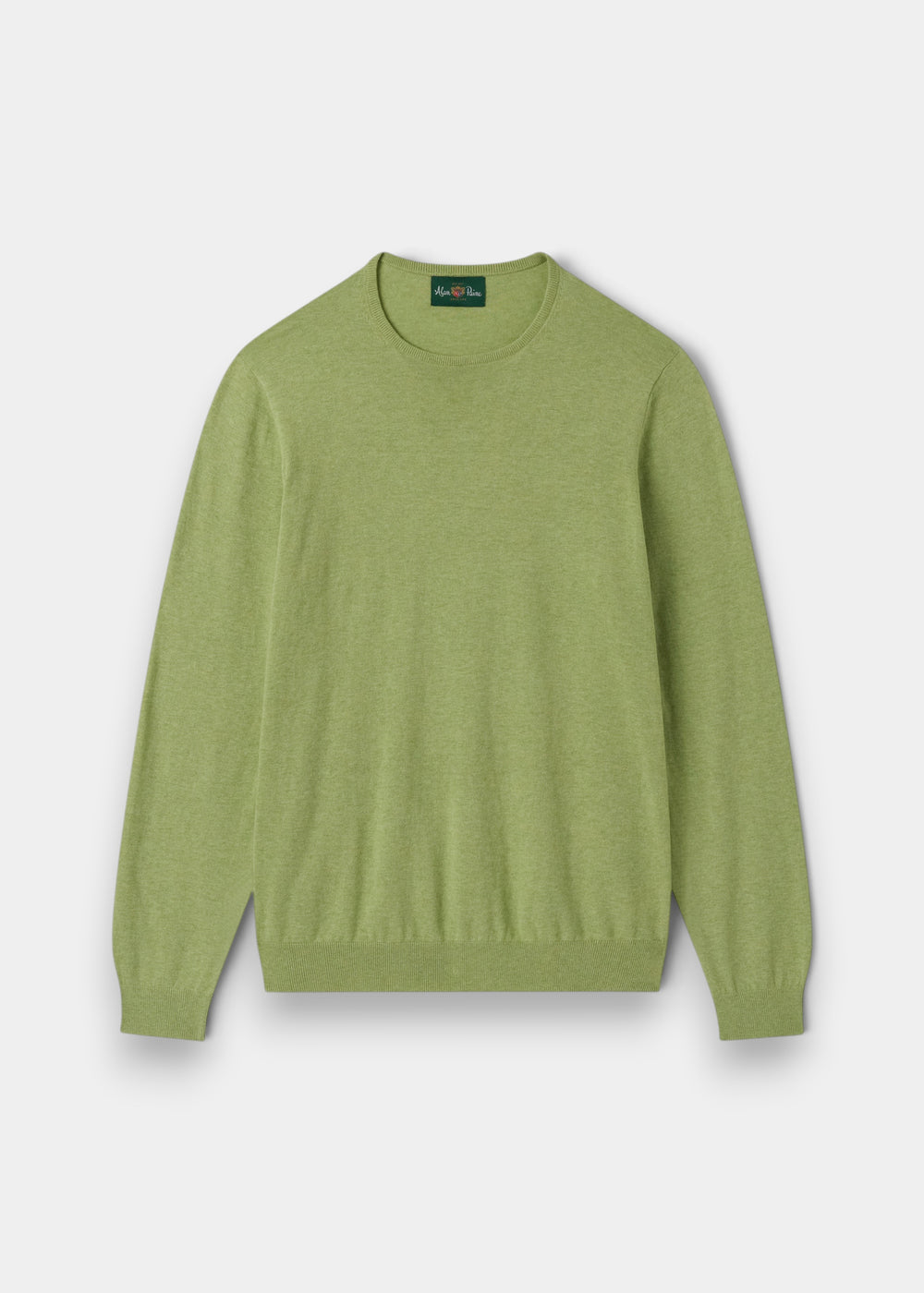 Alan Paine men's pistachio green crew neck jumper in a soft pima cotton, silk, and cashmere blend with ribbed trim.