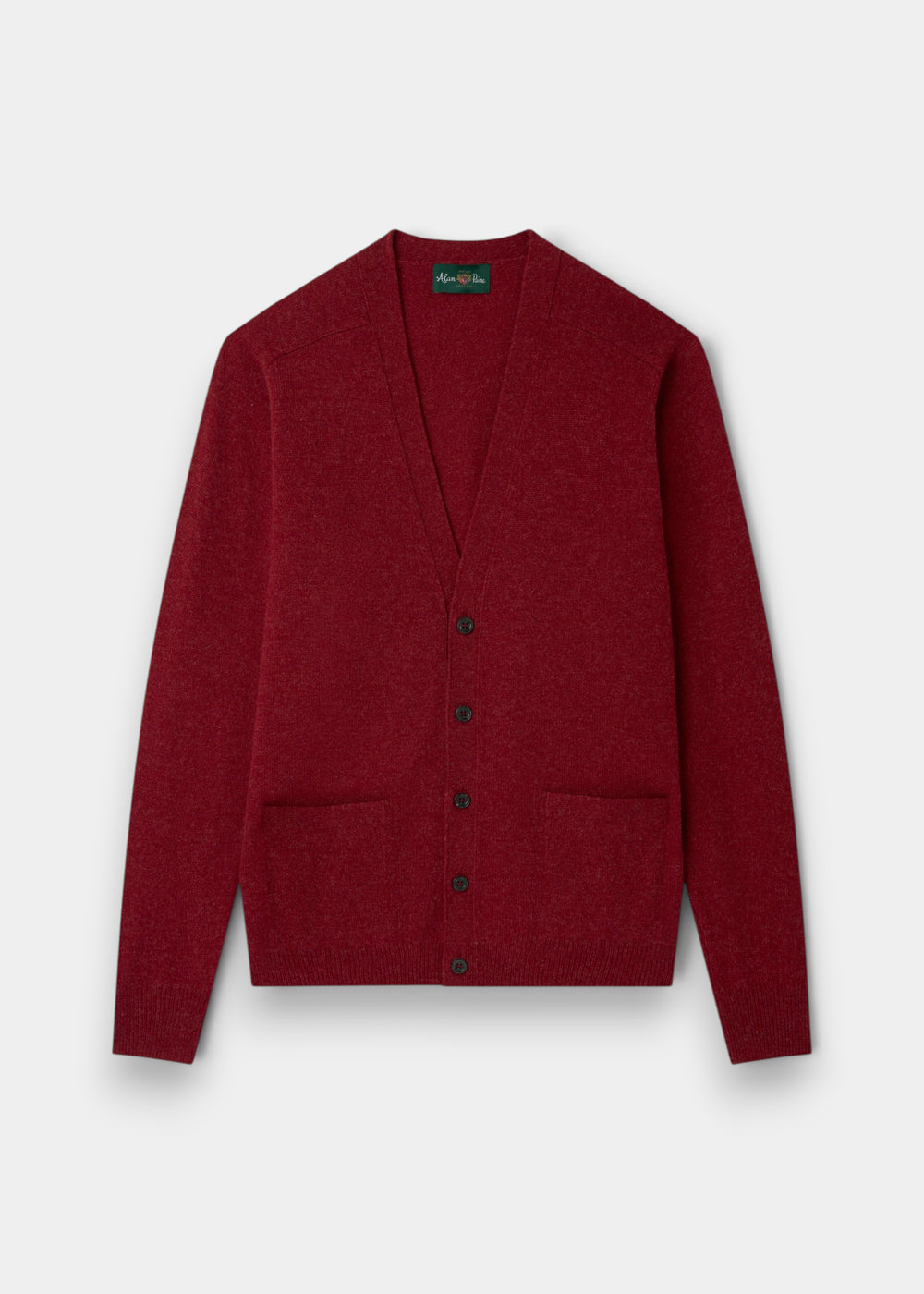 Cornwall Lambswool V-Neck Cardigan in Poppy Melange, classic fit, with two pockets on a light grey background.