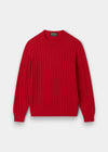 Alan Paine Honley red cable knit crew neck jumper made from a soft Pima cotton and cashmere blend.