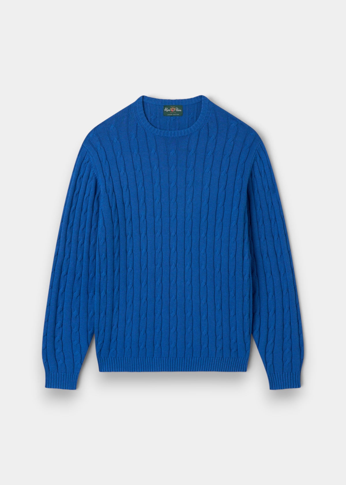 Honley Cotton Cashmere Cable Knit Crew Neck Jumper in Regatta, regular fit with long sleeves, shown laid flat.