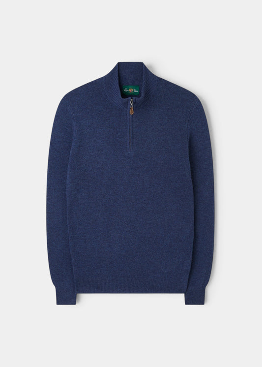 Alan Paine Sutherland lambswool quarter zip jumper in rhapsody blue with a leather zip pull and ribbed cuffs.