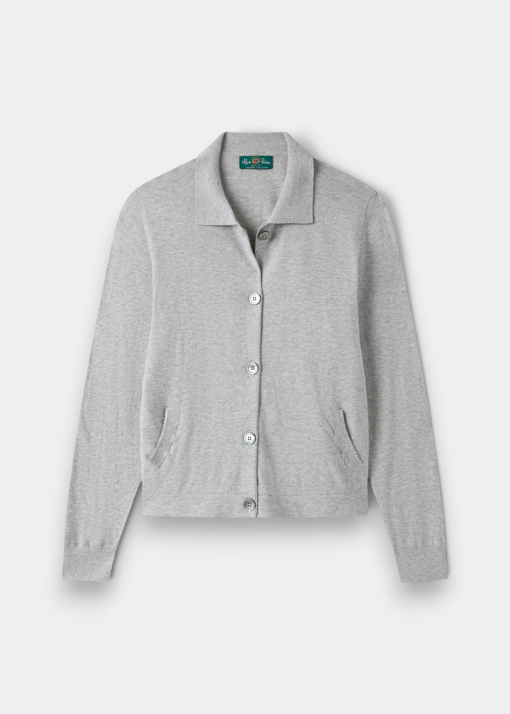 Alan Paine Rosa ladies cardigan in dove grey, crafted from a soft pima cotton and cashmere blend with button front.