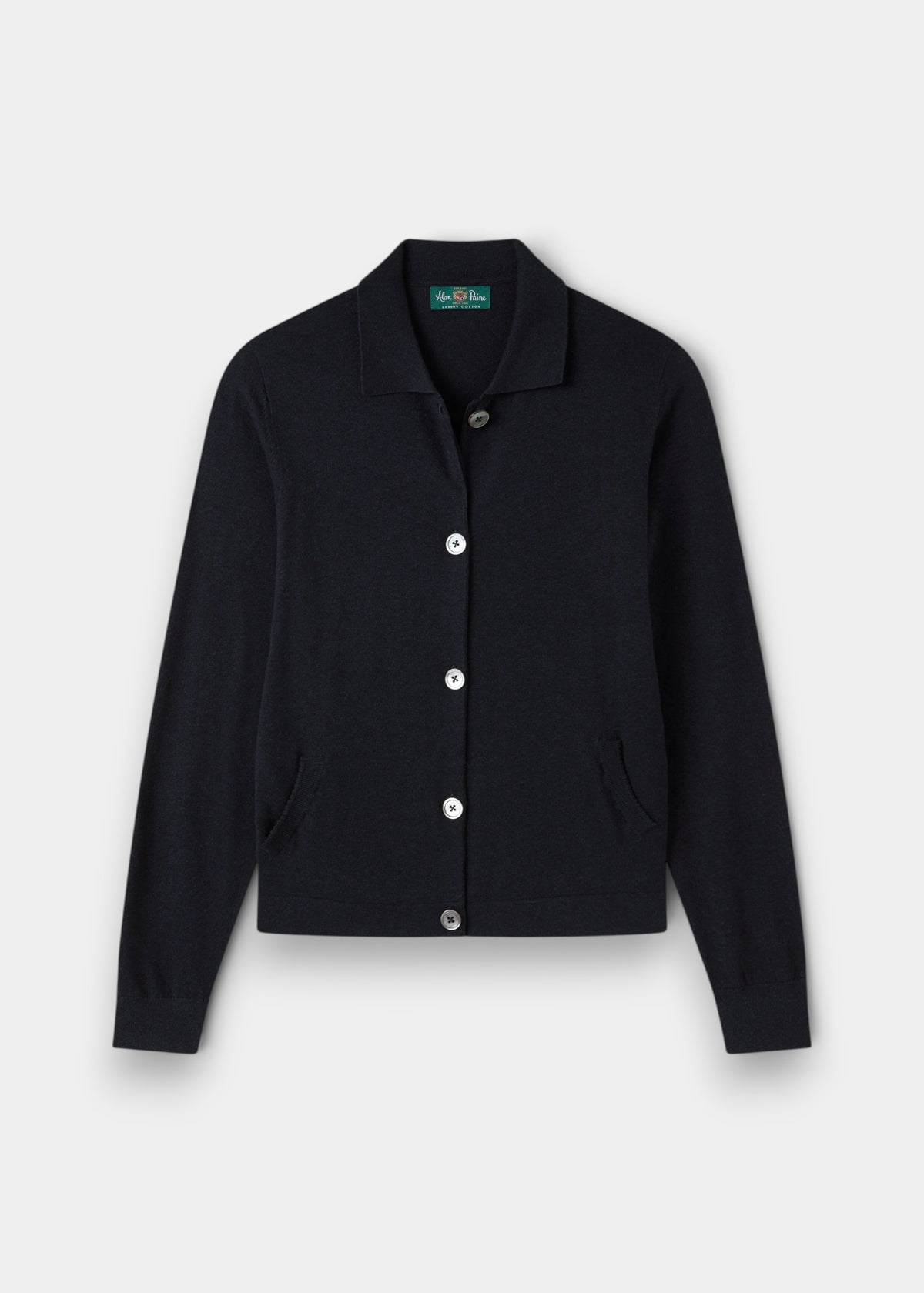 Womens Cardigan in dark navy knit with button front and notch collar, cotton cashmere blend style