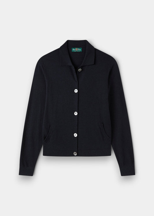 Alan Paine Rosa ladies dark navy cardigan in a soft cotton cashmere blend with a collared button-front design.