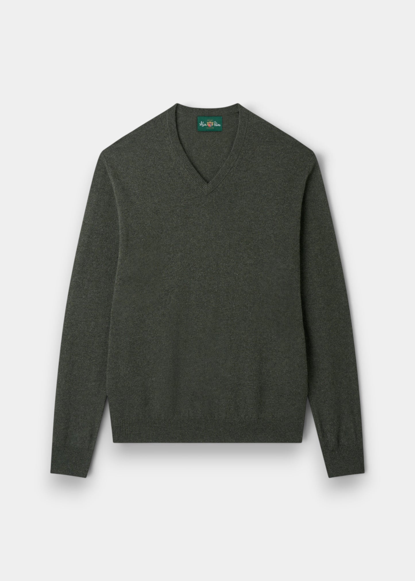 Alan Paine Haddington rosemary green v-neck cashmere jumper with ribbed hem and cuffs in a regular fit.