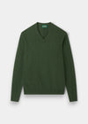 Alan Paine Albury regular fit v-neck jumper in rosemary green Geelong wool with ribbed hem and cuffs.