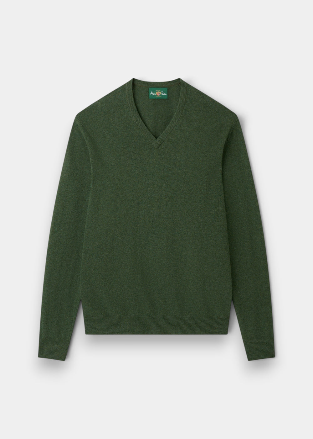 Albury Geelong Wool V-Neck Jumper in Rosemary, regular fit, long sleeves, shown flat on a white background.
