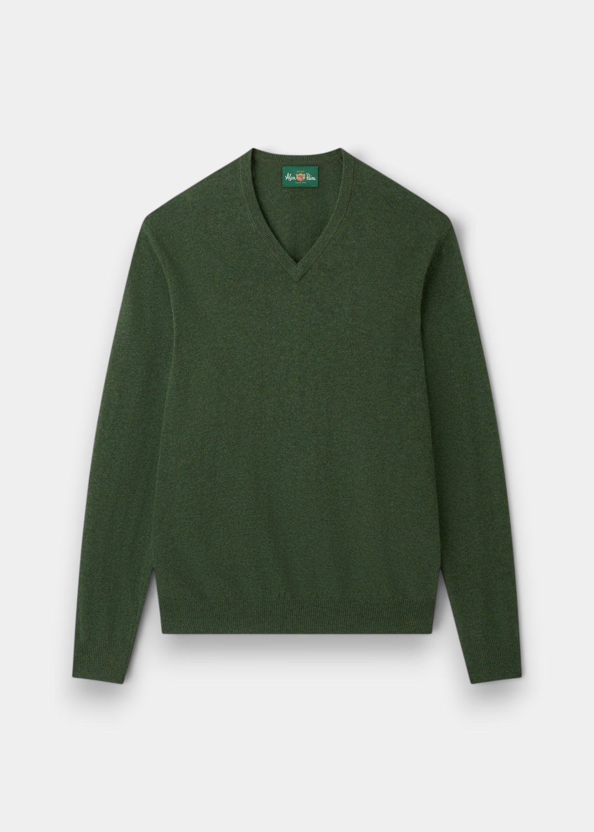 Albury Geelong Wool V-Neck Jumper in Rosemary, regular fit, long sleeves, shown flat on a white background.