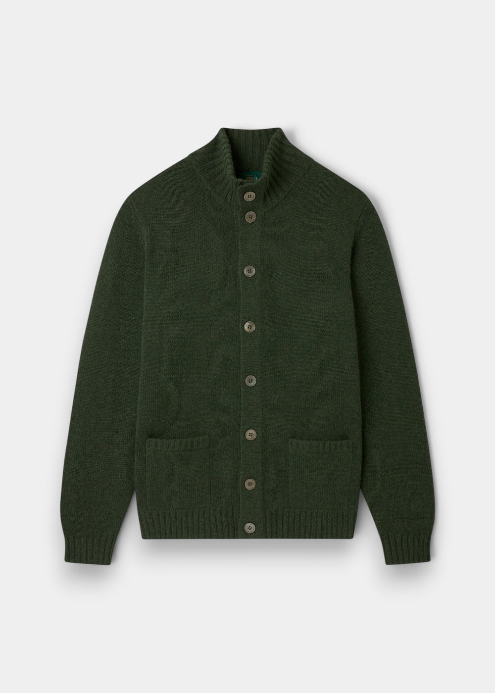 Landford Lambswool Buttoned Mock Neck Jumper in rosemary, regular fit, shown flat with pockets and ribbed cuffs.